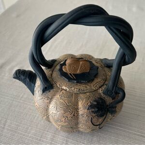 Artisan Gold and Black Ceramic Teapot Sculpture - Decorative Home Accent